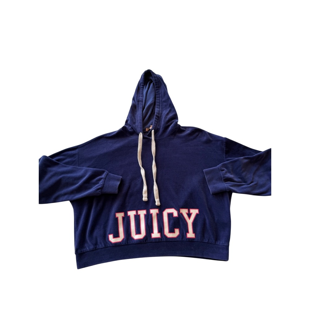 Juicy Couture Navy Blue Velour Logo Cropped Hoodie Sweatshirt Womens Small